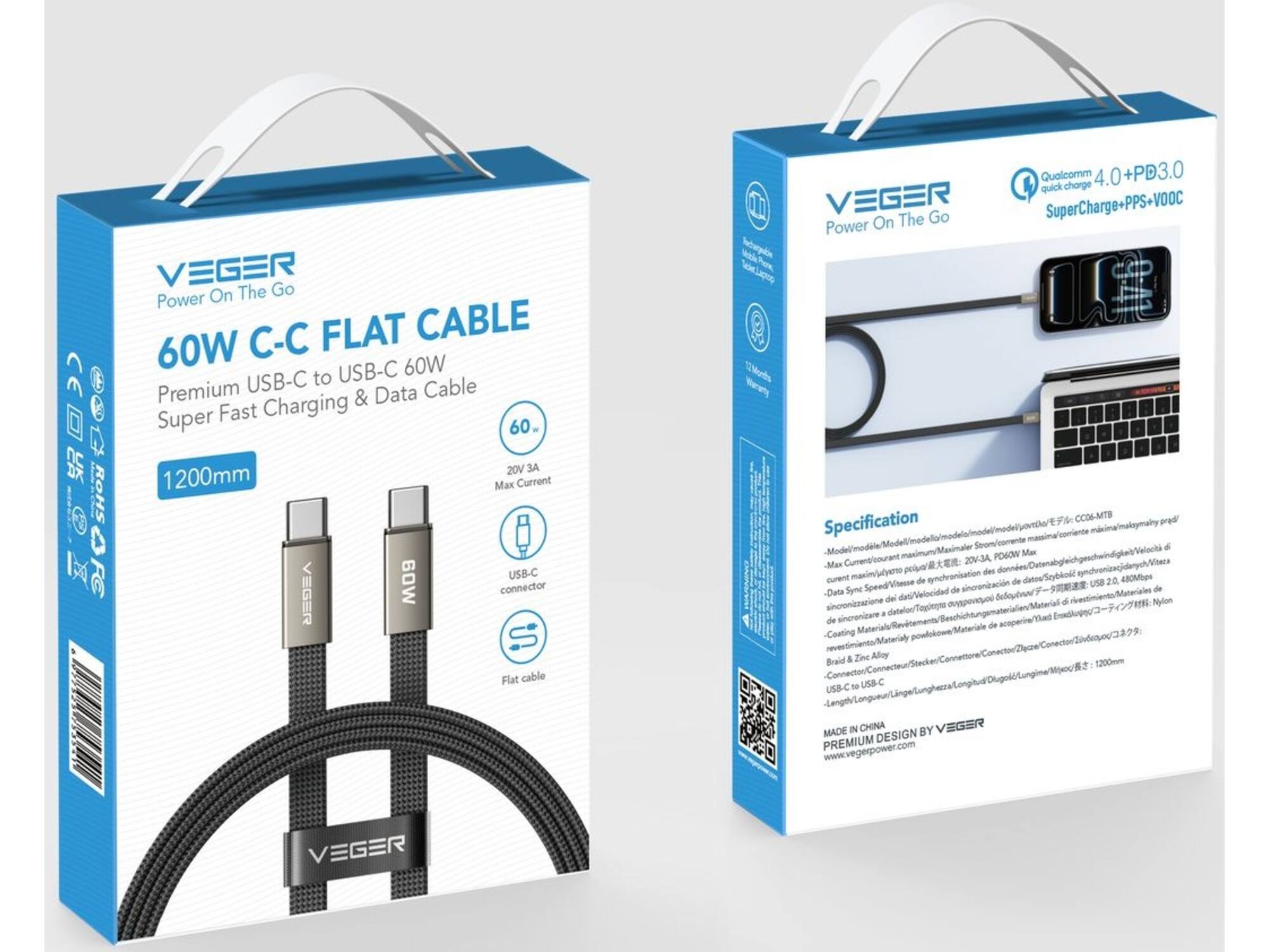 Veger CC06 USB-C naar USB-C kabel 1.2m Braided Flat 60 Watt