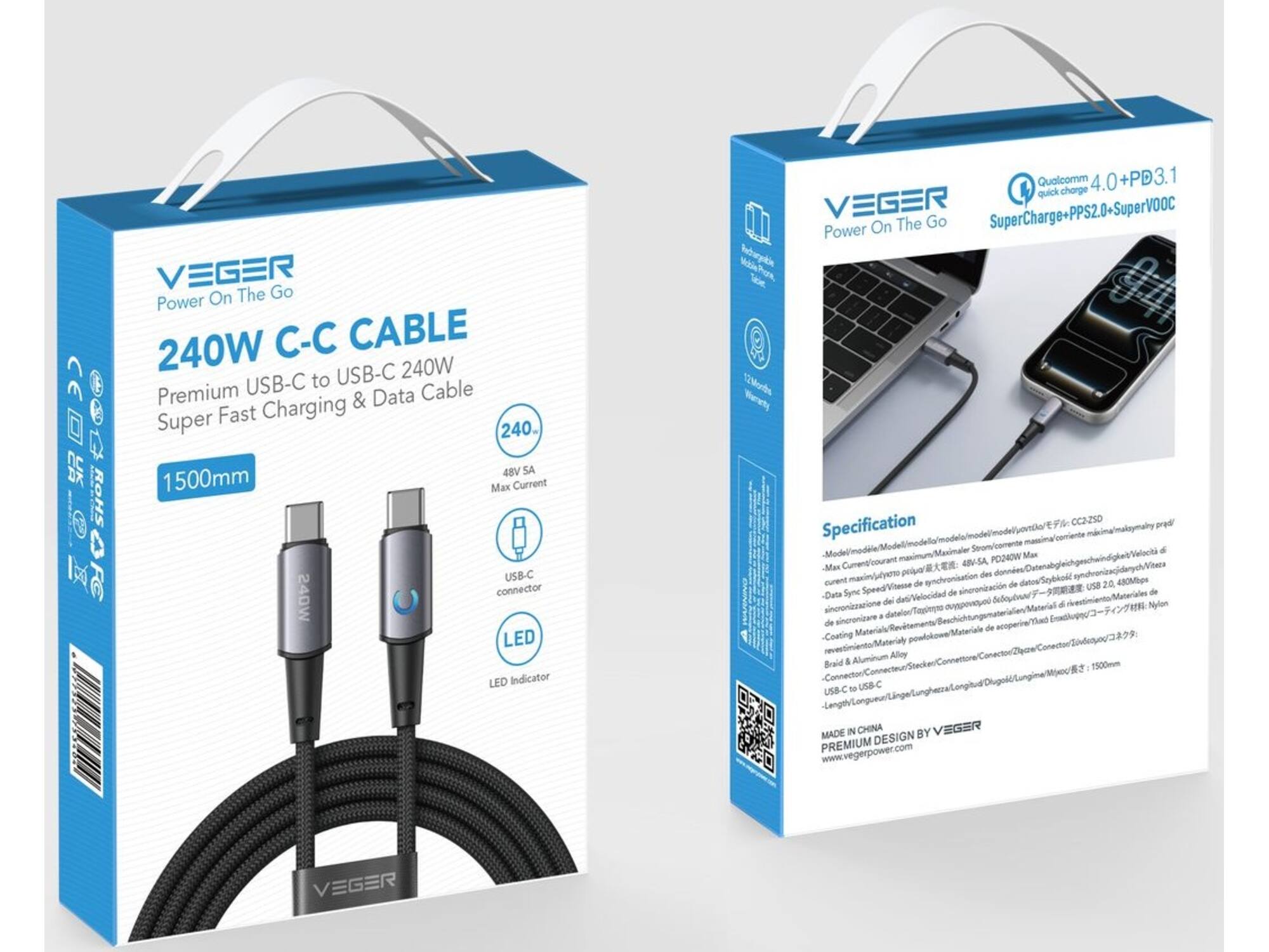 Veger CC2 USB-C naar USB-C kabel 1.5m Braided Aluminium 240 Watt