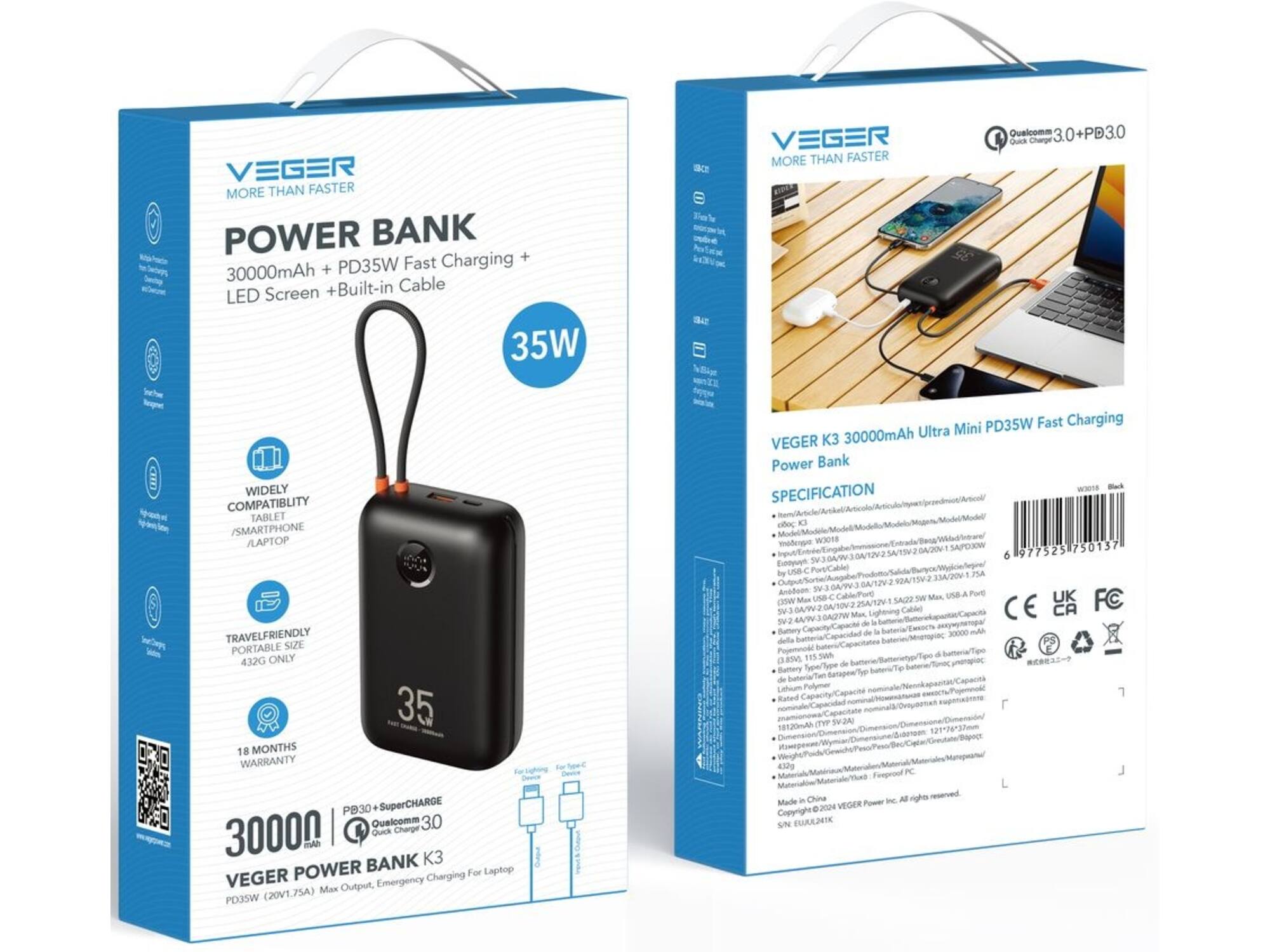 Veger K1 W1188 10.000 mAh Powerbank Zwart