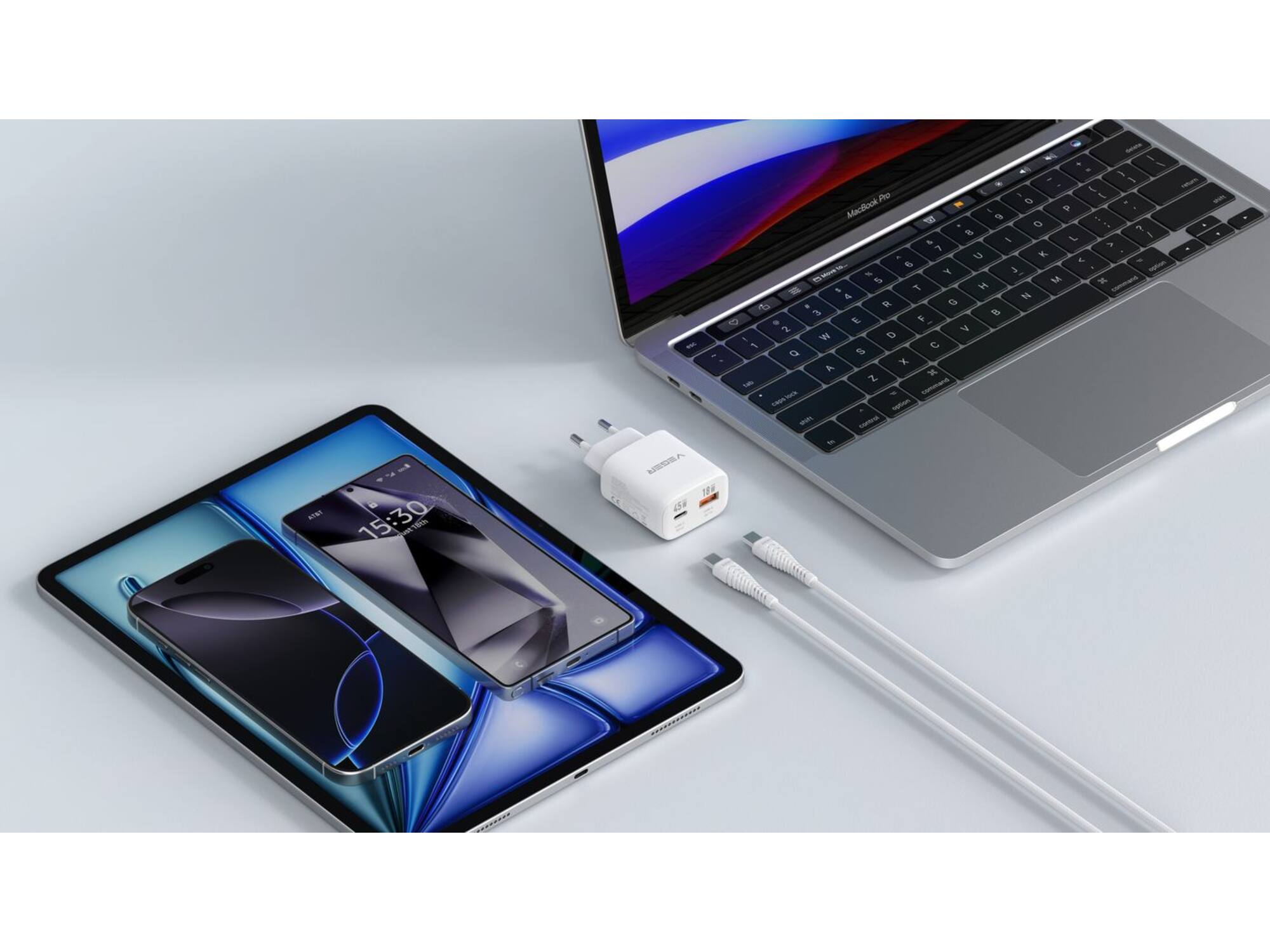 Veger snellader 45 Watt 2x USB Poort + USB-C Kabel 1,5m Nylon Wit