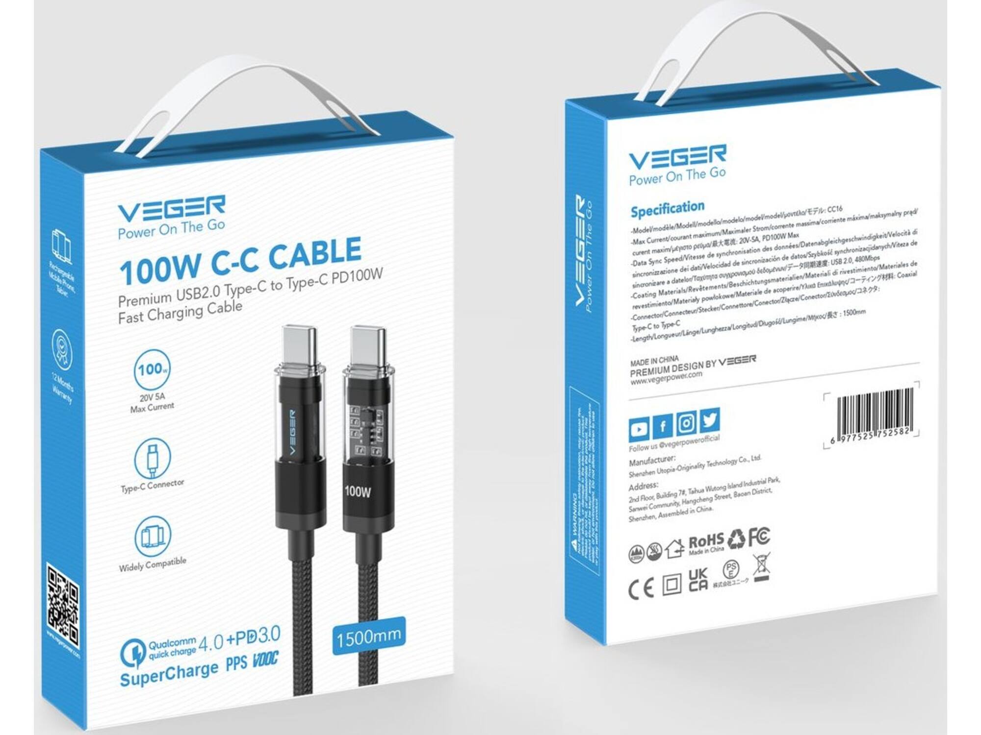 Veger CC16 USB-C naar USB-C kabel 1.5m Braided Aluminium 100 Watt met display