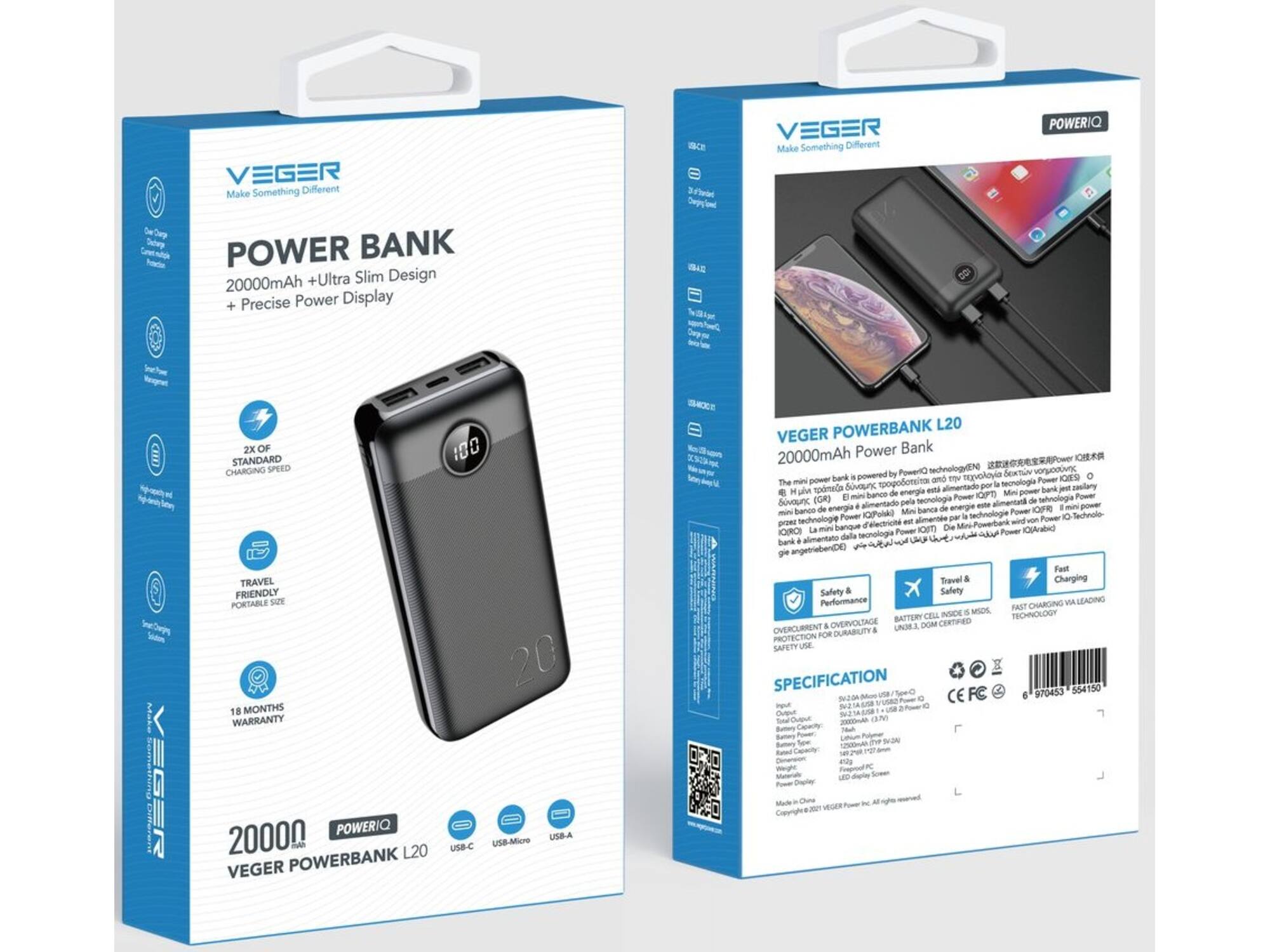Veger L20S W2039PD 20.000 mAh Zwart