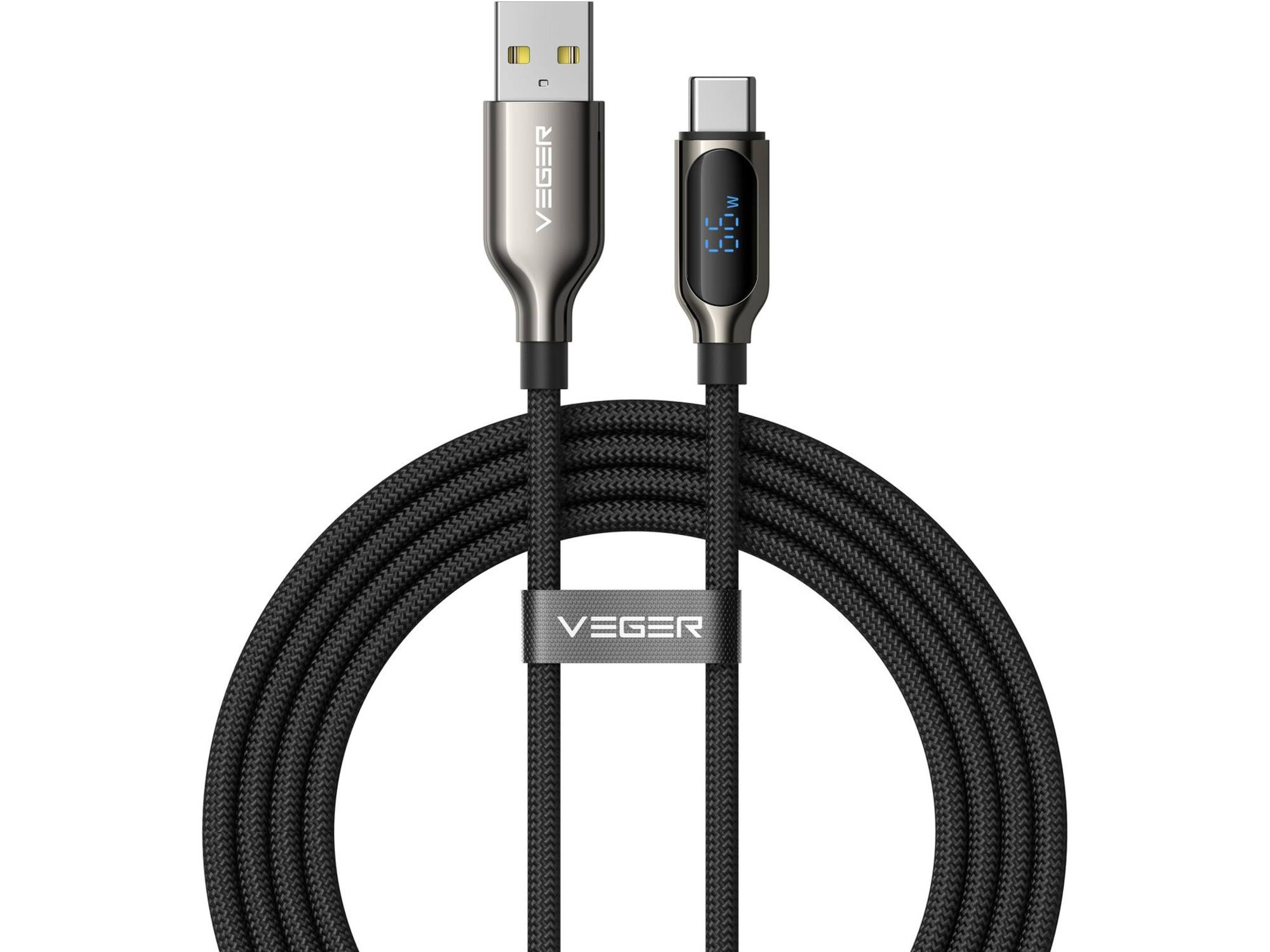Veger AC1 USB-A naar USB-C kabel 1.2m Braided 66 Watt met display