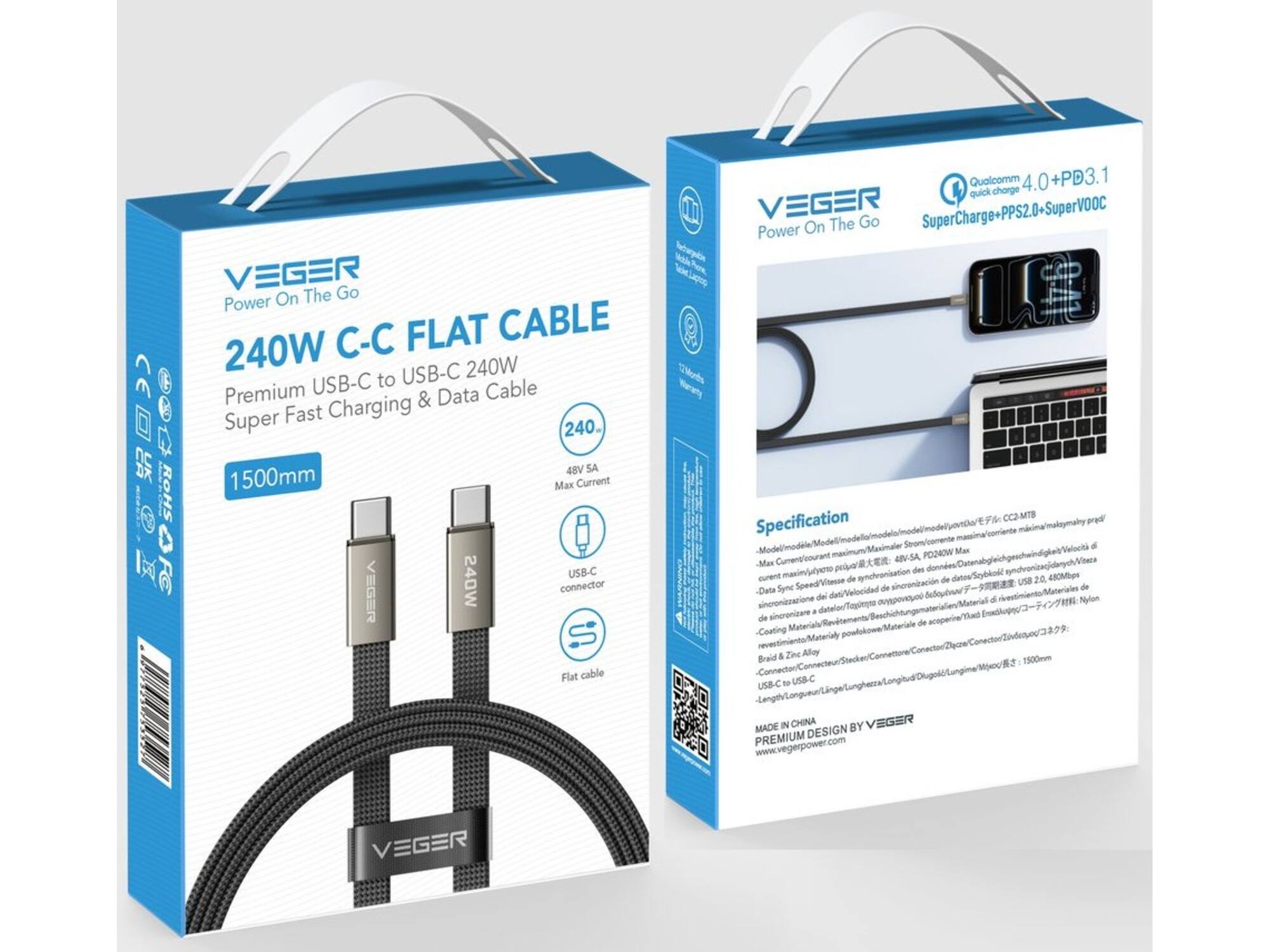 Veger CC2 USB-C naar USB-C kabel 1.5m Braided Flat 240 Watt