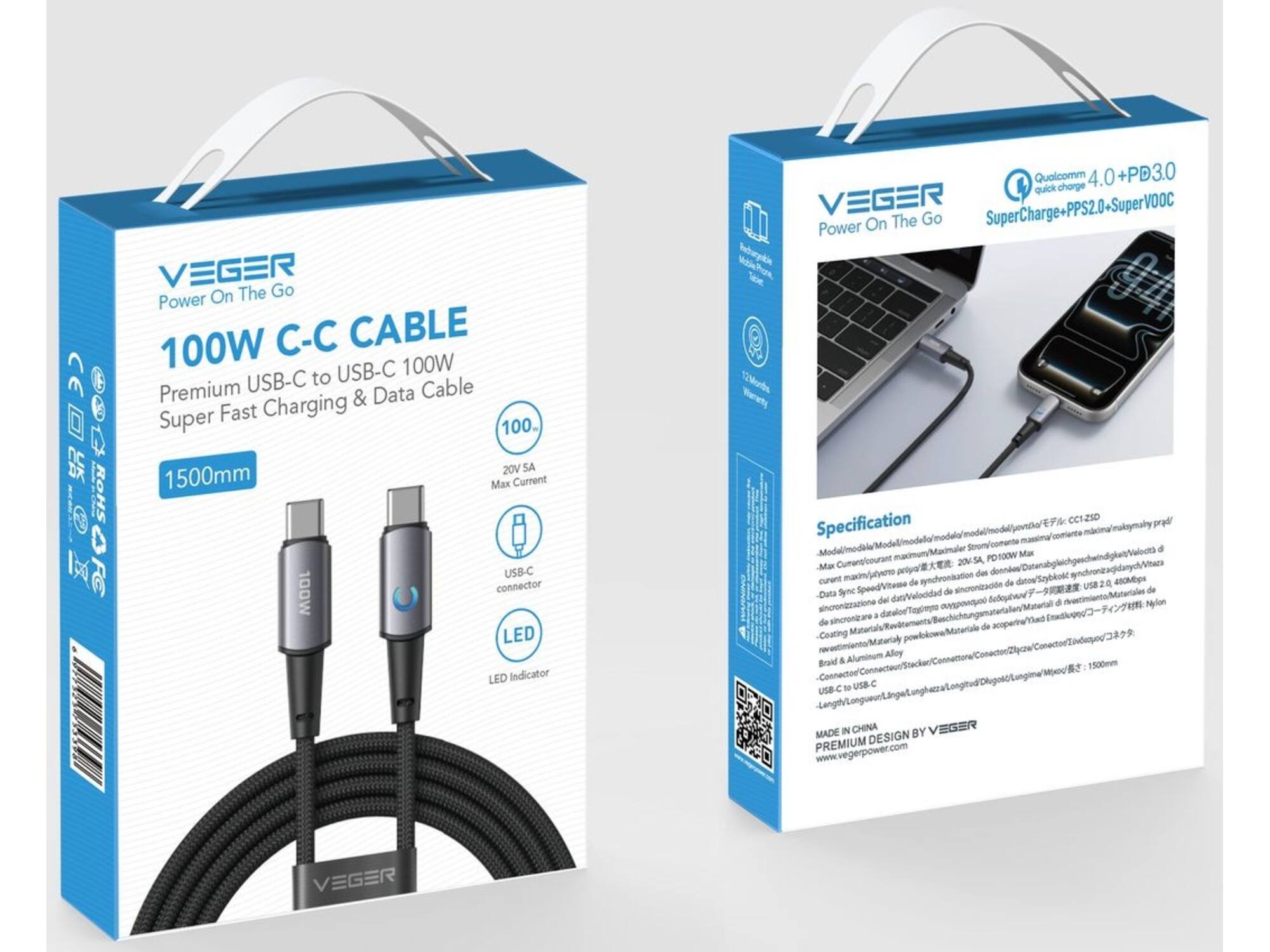 Veger CC1 USB-C naar USB-C kabel 1.5m Braided Aluminium 100 Watt