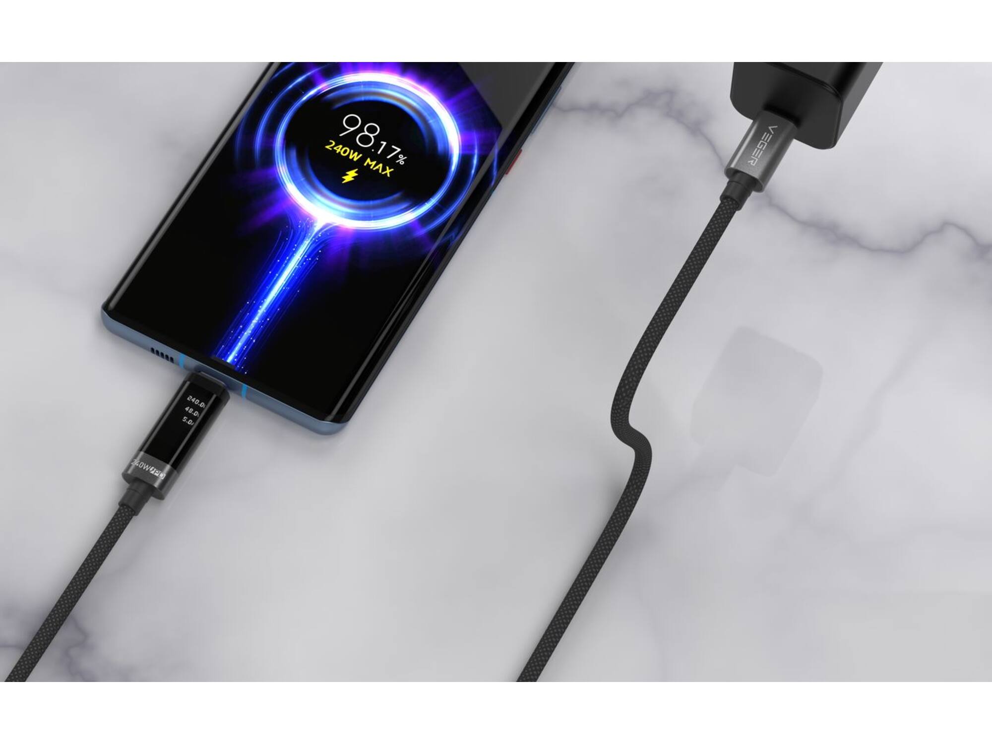 Veger DC120 USB-C naar USB-C kabel 1.5m Braided Aluminium 240 Watt met display