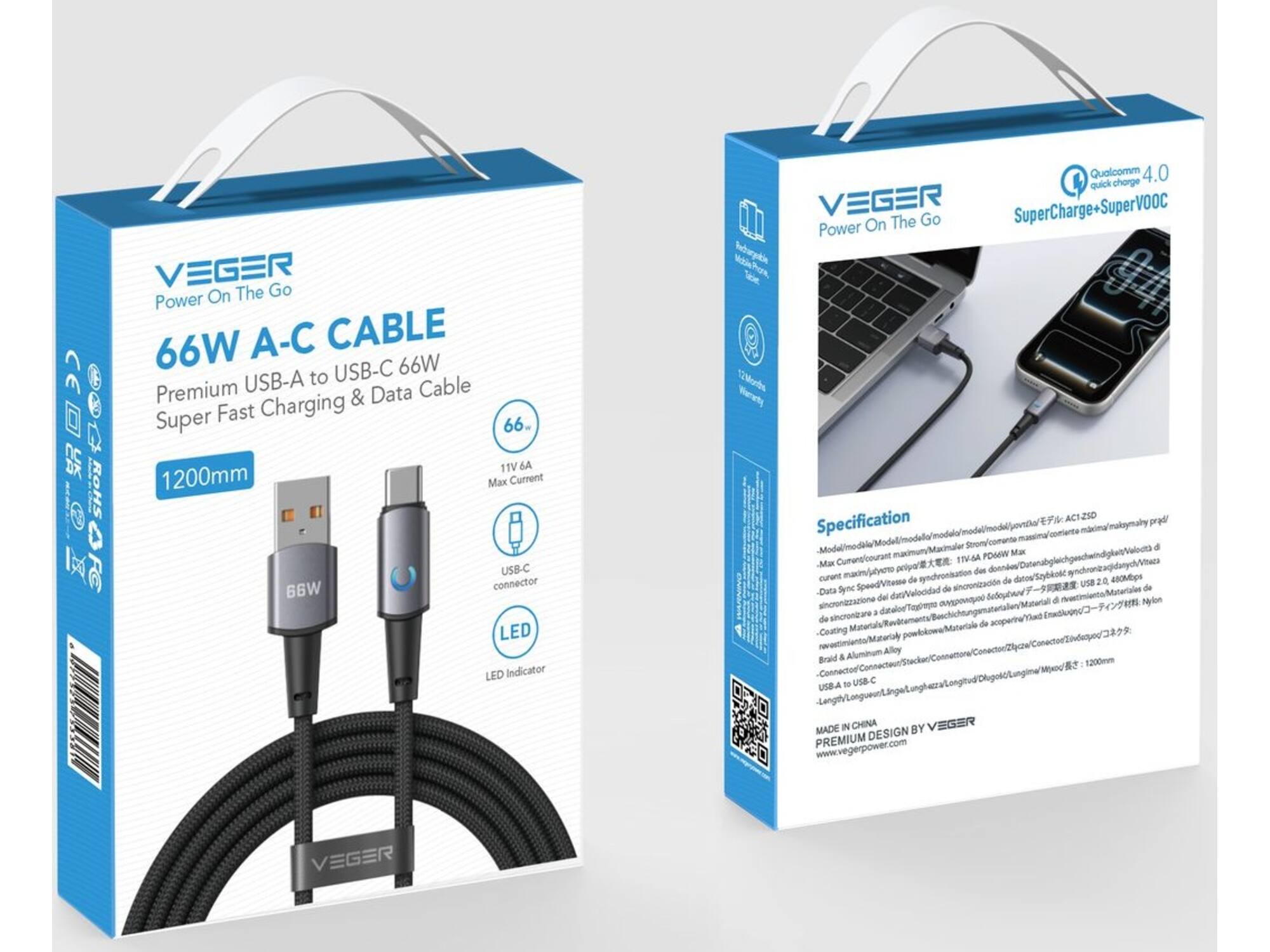 Veger AC1 USB-A naar USB-C kabel 1.2m Braided Aluminium 66 Watt