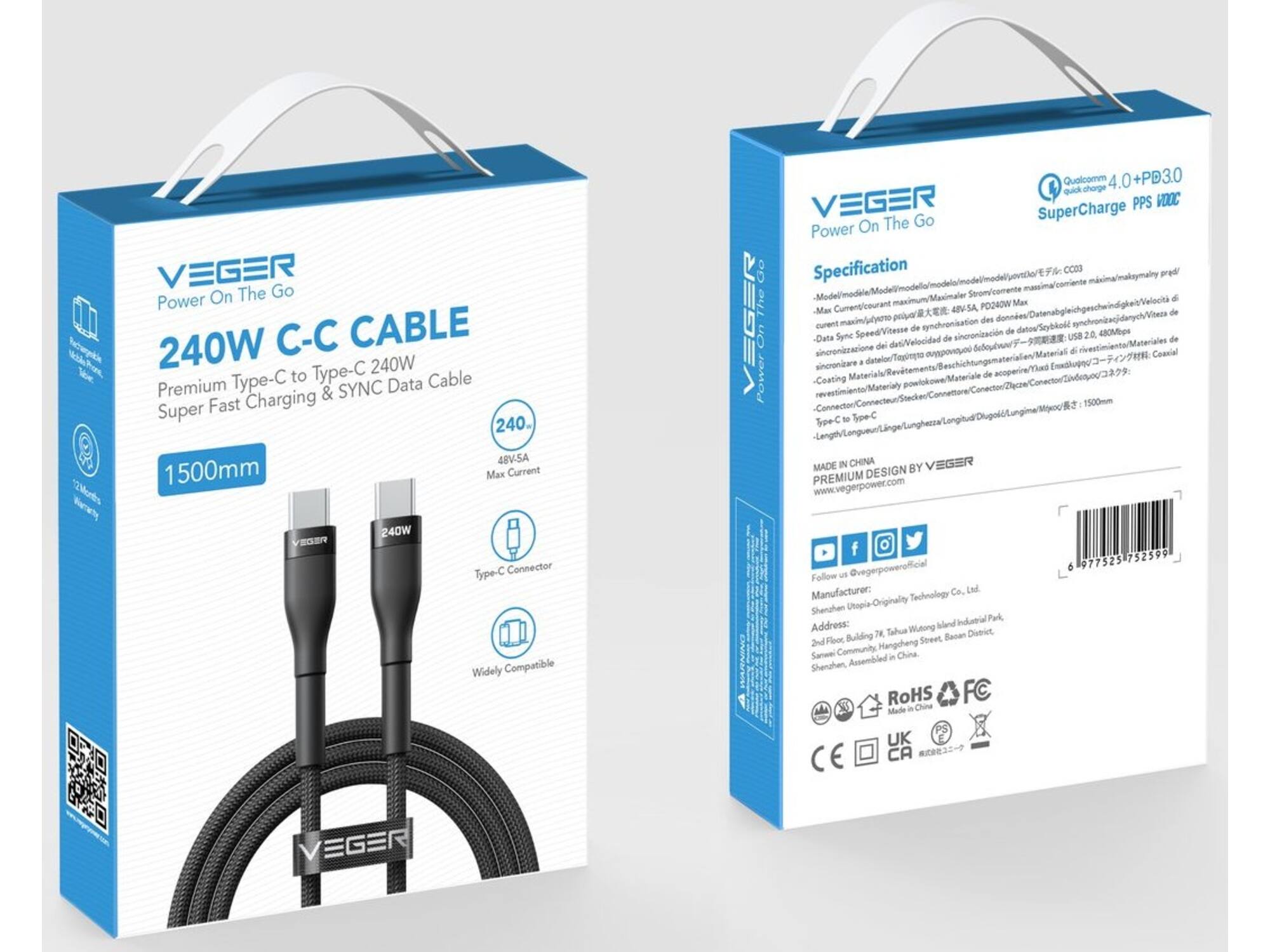 Veger CC03 USB-C naar USB-C kabel 1.5m Braided Aluminium 240 Watt