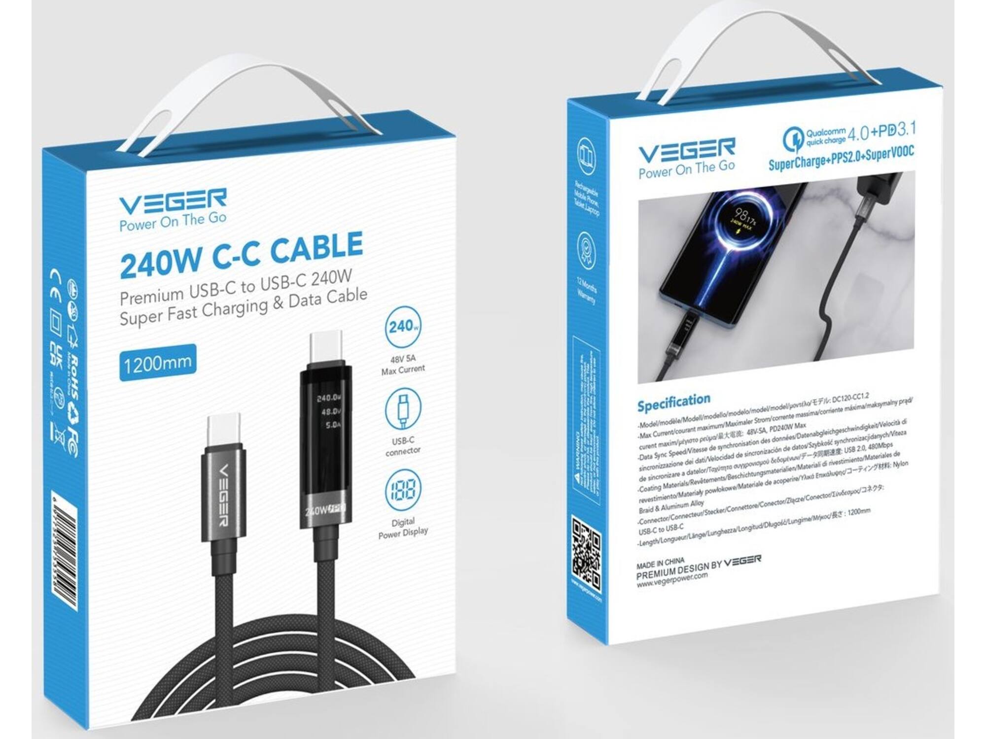 Veger DC120 USB-C naar USB-C kabel 1.5m Braided Aluminium 240 Watt met display