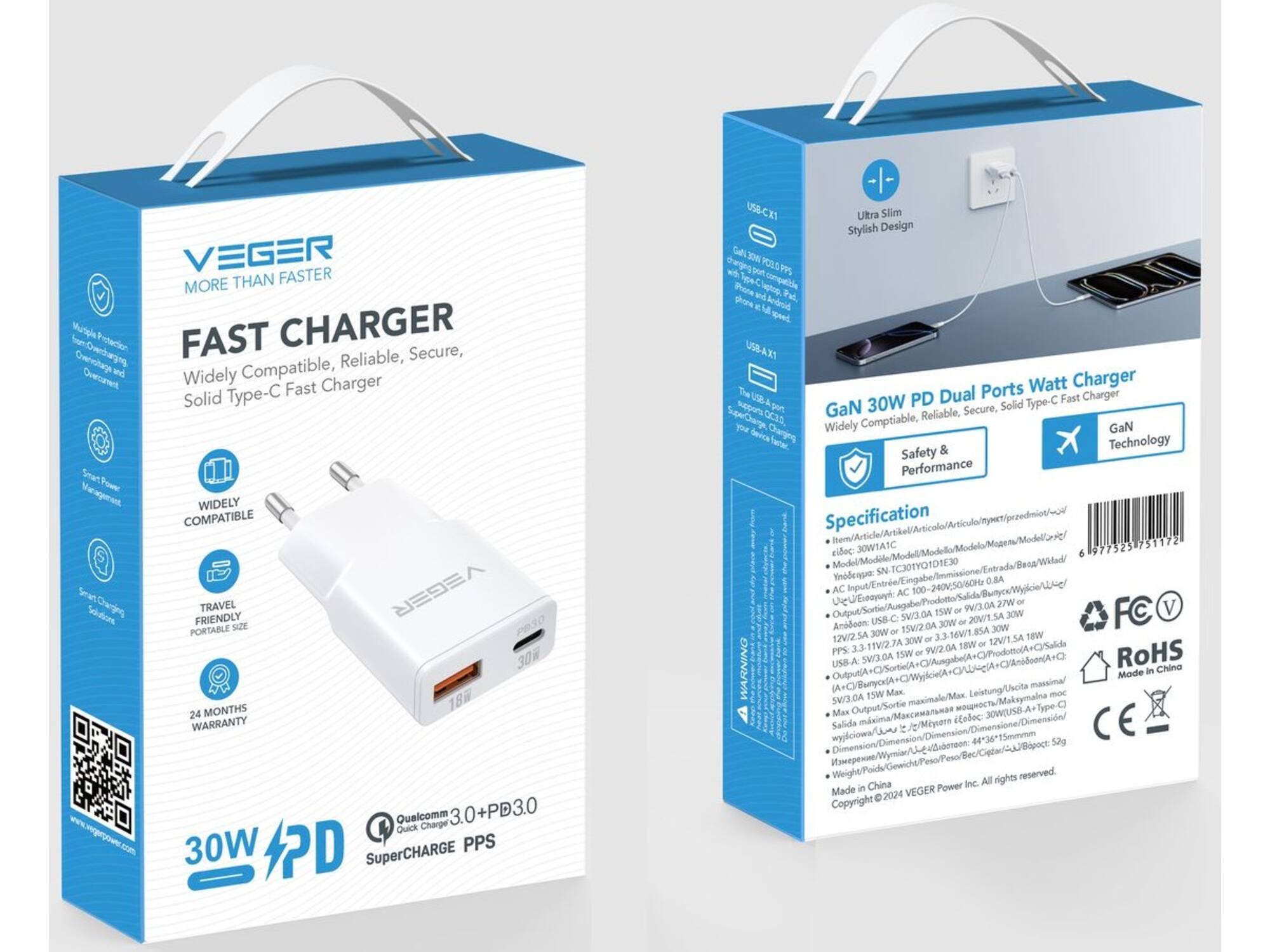 Veger USB-A naar USB-C QC PD 30W 30W1A1C telefoonoplader