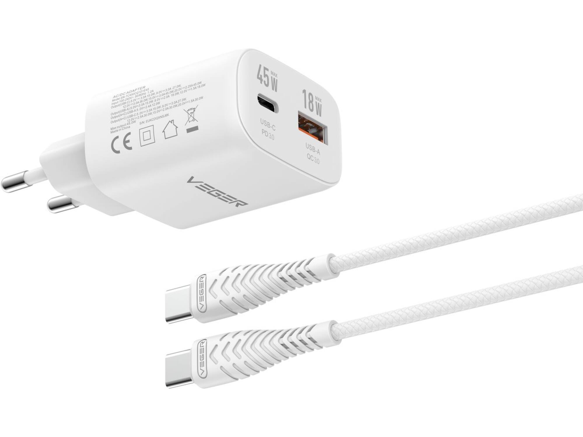 Veger snellader 45 Watt 2x USB Poort + USB-C Kabel 1,5m Nylon Wit
