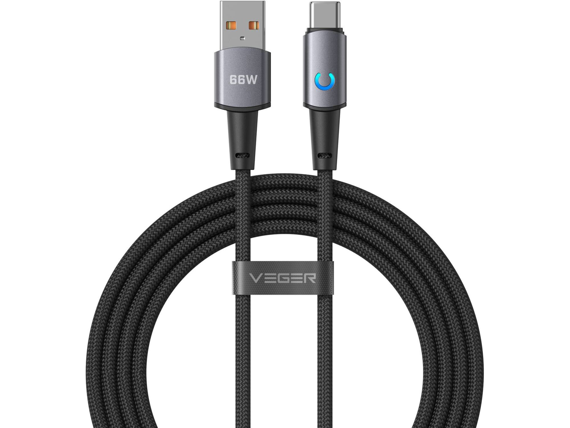 Veger AC1 USB-A naar USB-C kabel 1.2m Braided Aluminium 66 Watt