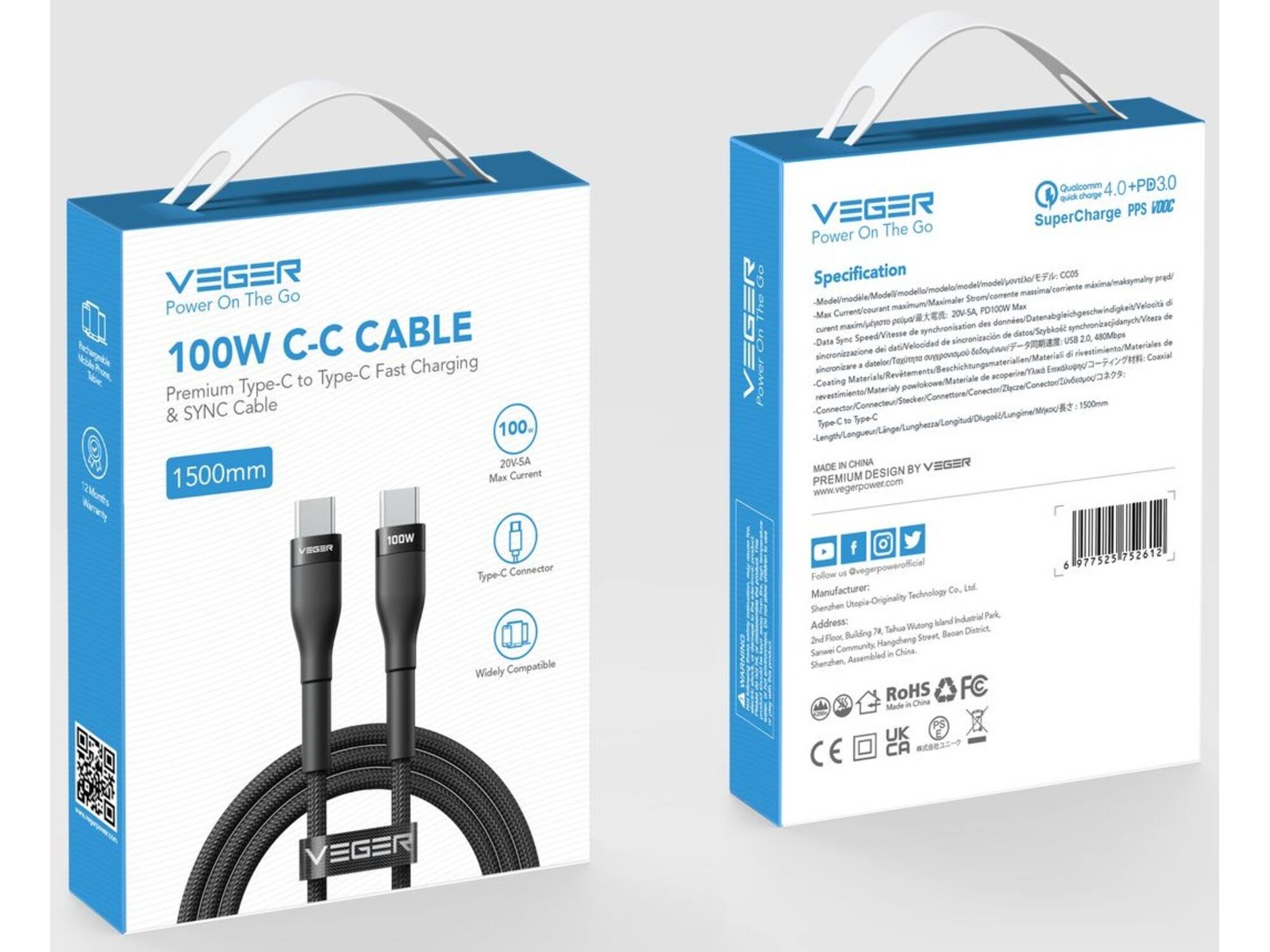 Veger CC05 USB-C naar USB-C kabel 1.5m Braided Aluminium 100Watt