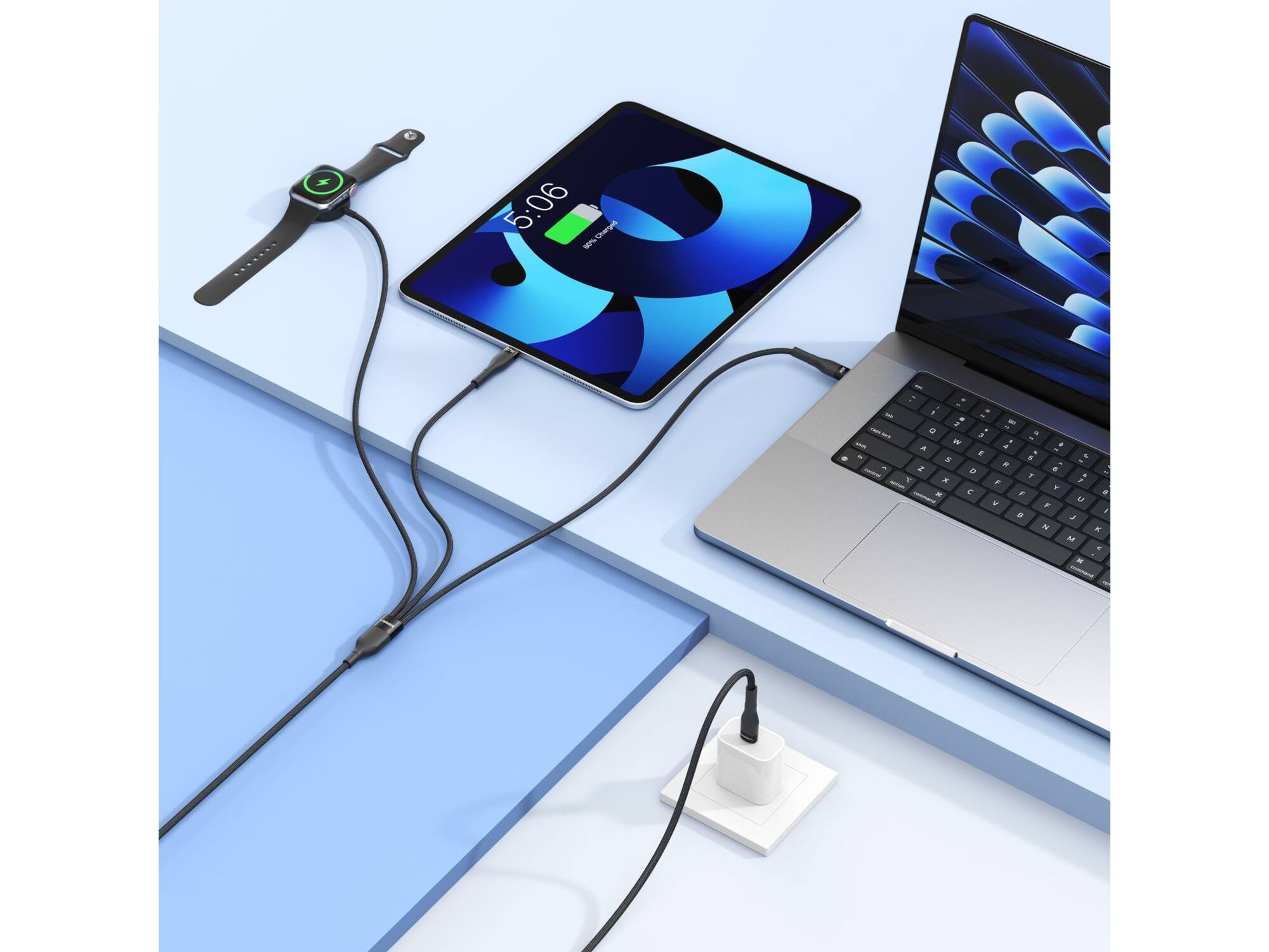 Veger V730 3 in 1 kabel met Magsafe 1.5m Braided 92 Watt