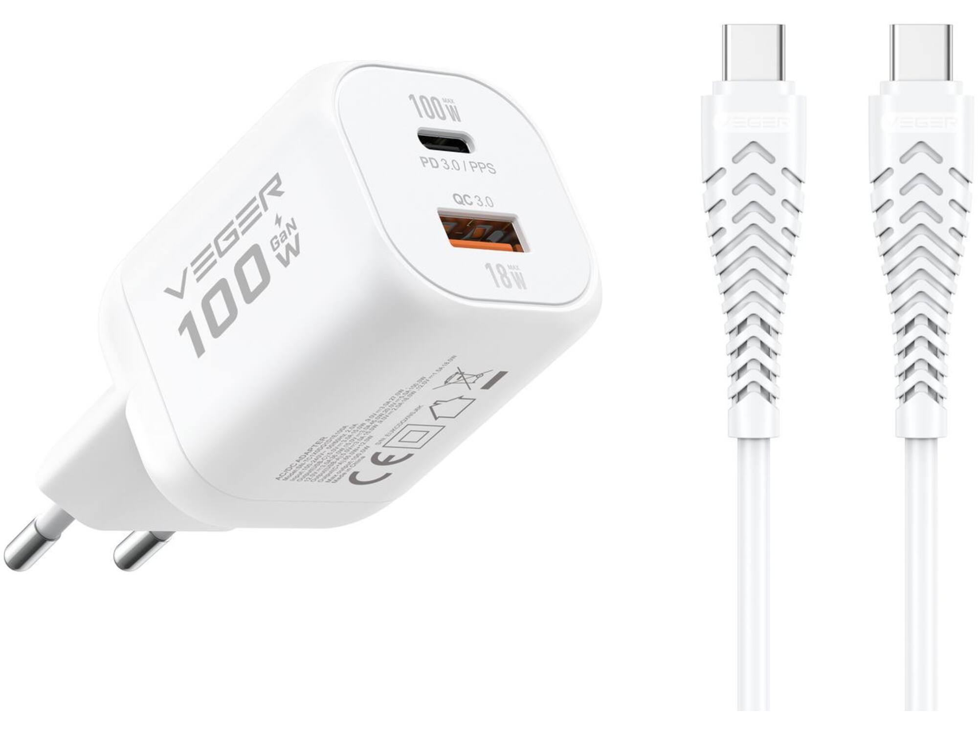 Veger snellader 100 Watt 2x USB Poort + USB-C Kabel 1,5m Nylon Wit