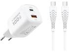 Veger snellader 100 Watt 2x USB Poort + USB-C Kabel 1,5m Nylon Wit