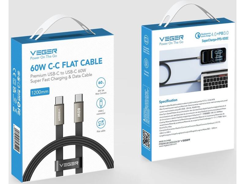 Veger CC06 USB-C naar USB-C kabel 1.2m Braided Flat 60 Watt