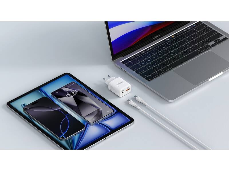 Veger snellader 45 Watt 2x USB Poort + USB-C Kabel 1,5m Nylon Wit
