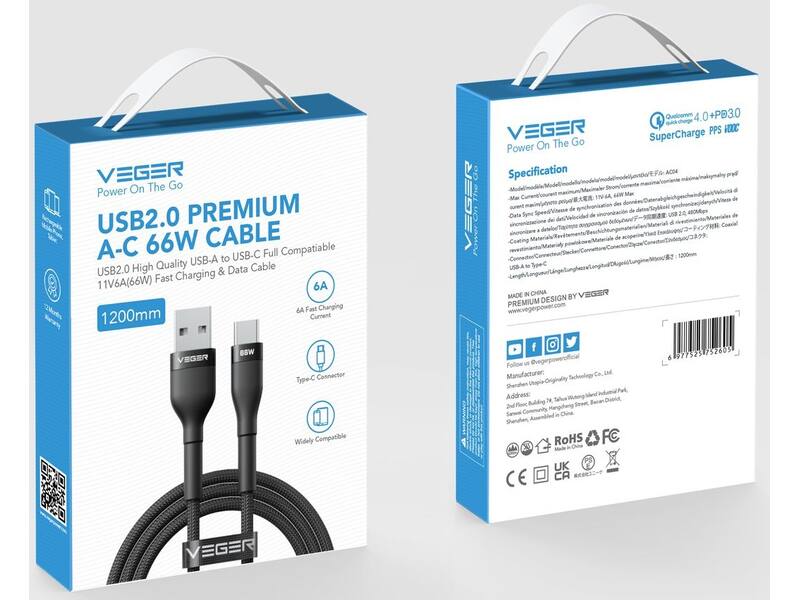 Veger AC04 USB-A naar USB-C kabel 1.2m Braided Aluminium 66 Watt