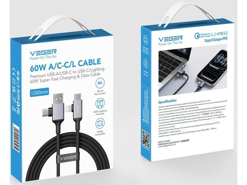 Veger V313 4 in 1 USB-A USB-C Lightning kabel 1.2m Braided Aluminium 60 Watt