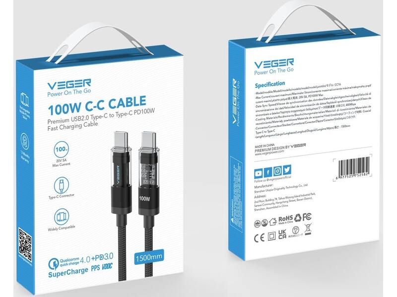 Veger CC16 USB-C naar USB-C kabel 1.5m Braided Aluminium 100 Watt met display