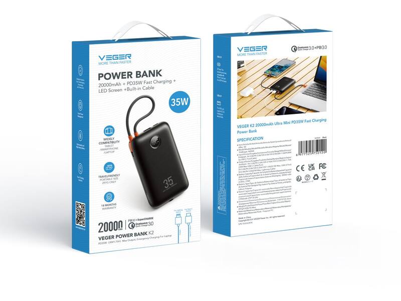 Veger K2 W2068 20.000 mAh Powerbank Zwart