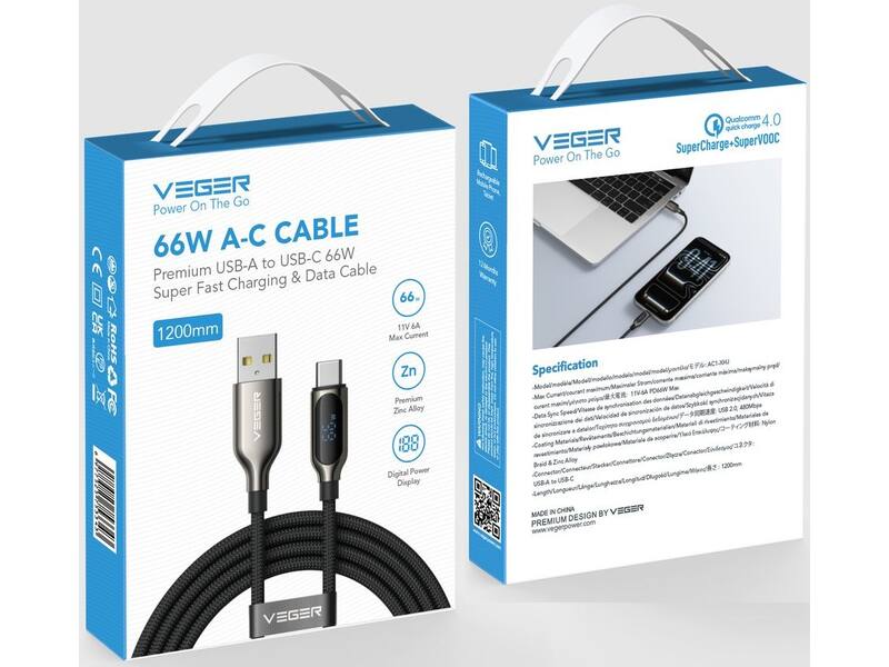 Veger AC1 USB-A naar USB-C kabel 1.2m Braided 66 Watt met display
