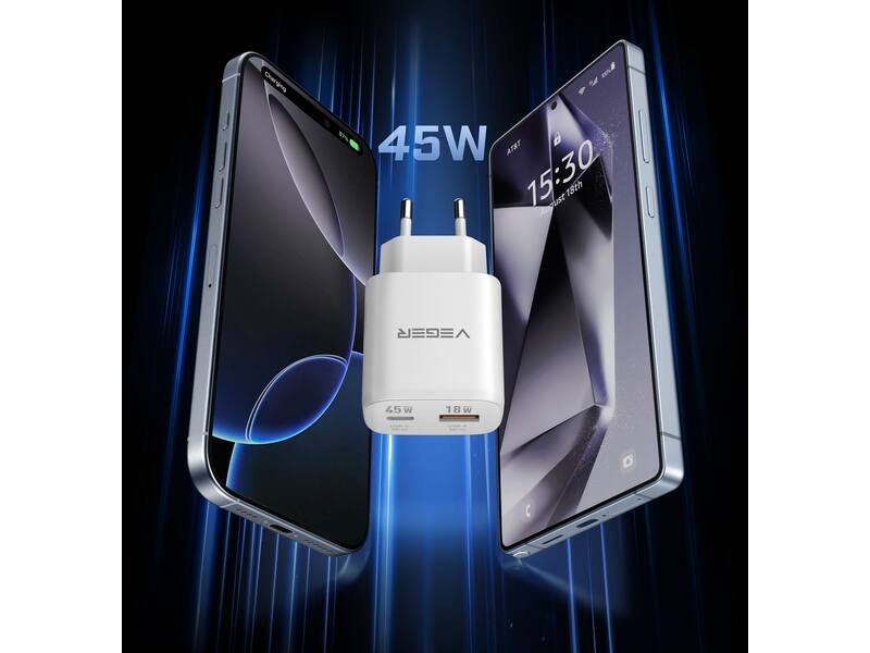Veger snellader 45 Watt 2x USB Poort + USB-C Kabel 1,5m Nylon Wit