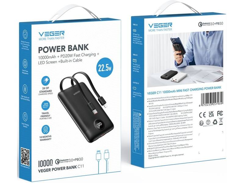 Veger C11 W1170 Mini Portable 10.000mAh Zwart