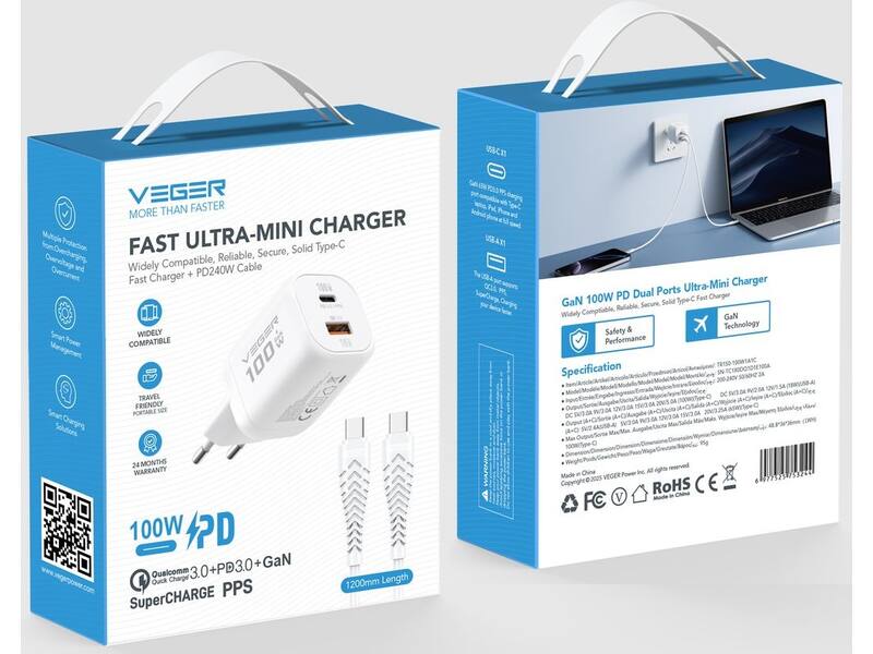 Veger snellader 100 Watt 2x USB Poort + USB-C Kabel 1,5m Nylon Wit