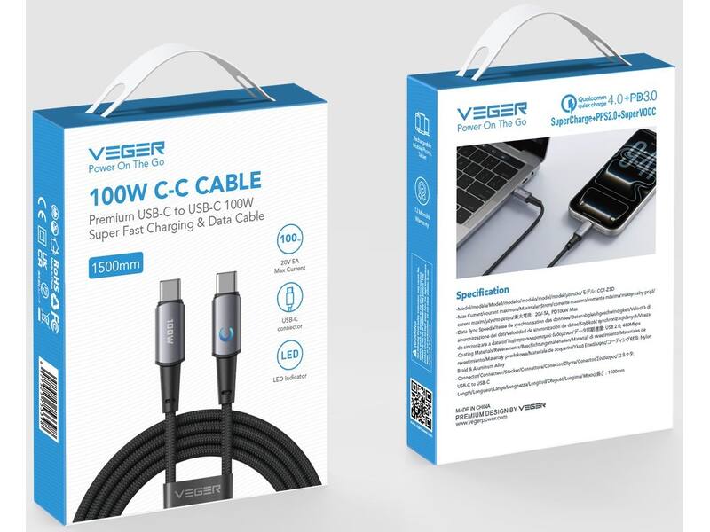 Veger CC1 USB-C naar USB-C kabel 1.5m Braided Aluminium 100 Watt