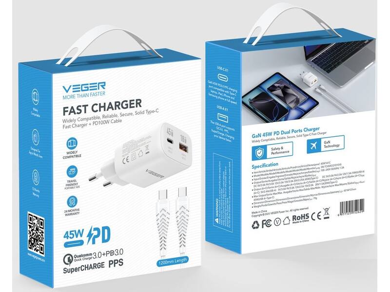 Veger snellader 45 Watt 2x USB Poort + USB-C Kabel 1,5m Nylon Wit