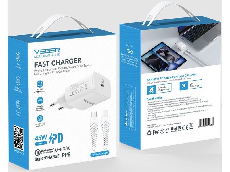 Veger snellader 45 Watt + USB-C Kabel 1,5m Nylon Wit