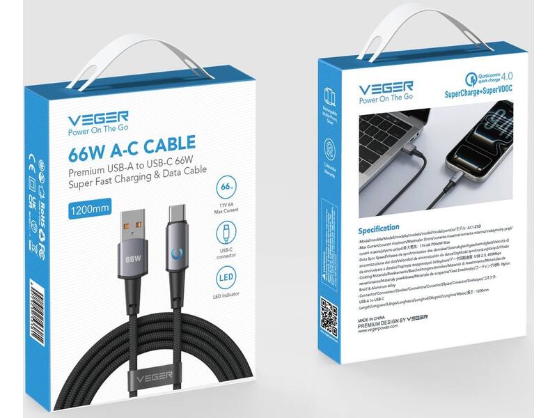 Veger AC1 USB-A naar USB-C kabel 1.2m Braided Aluminium 66 Watt