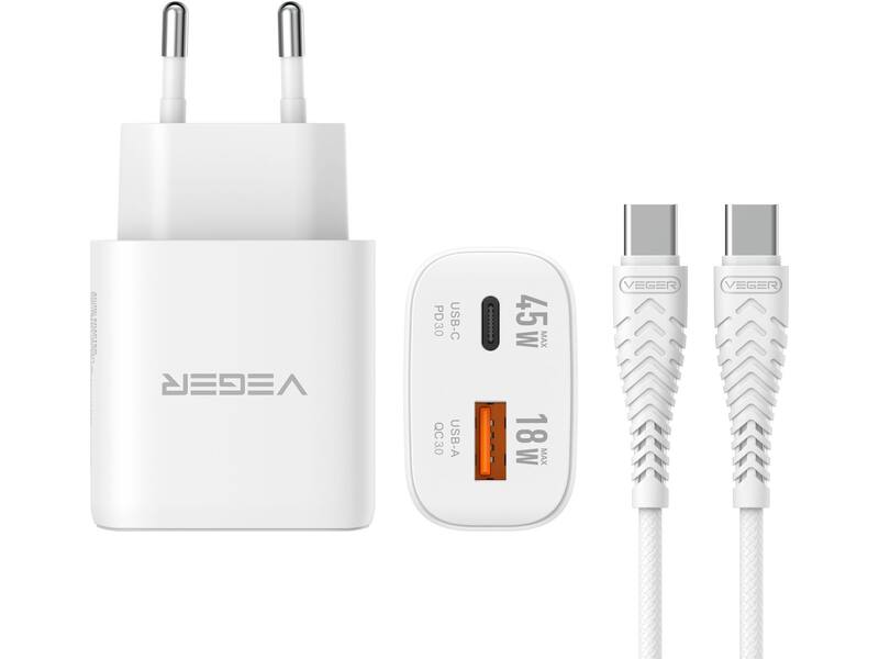 Veger snellader 45 Watt 2x USB Poort + USB-C Kabel 1,5m Nylon Wit