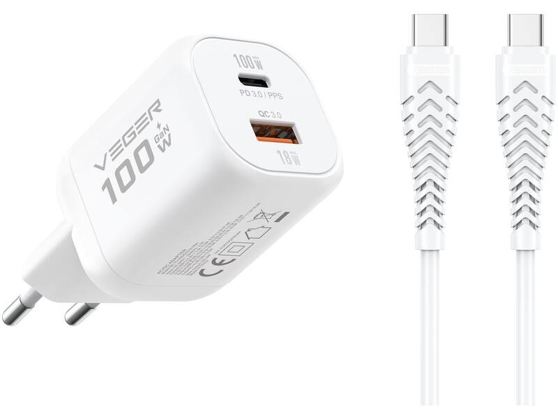 Veger snellader 100 Watt 2x USB Poort + USB-C Kabel 1,5m Nylon Wit