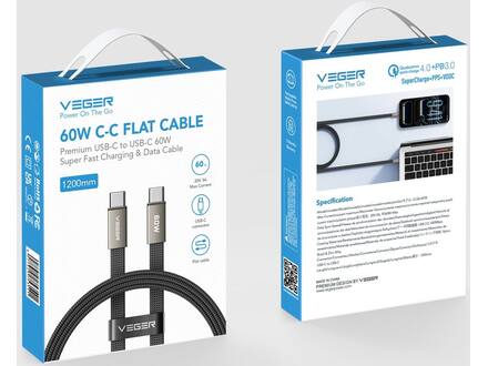 Veger CC06 USB-C naar USB-C kabel 1.2m Braided Flat 60 Watt