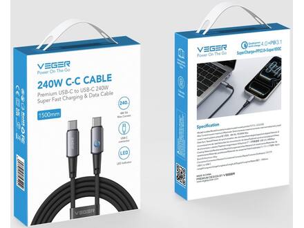 Veger CC2 USB-C naar USB-C kabel 1.5m Braided Aluminium 240 Watt