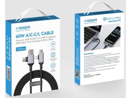 Veger V313 4 in 1 USB-A USB-C Lightning kabel 1.2m Braided Aluminium 60 Watt
