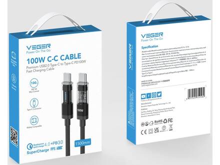 Veger CC16 USB-C naar USB-C kabel 1.5m Braided Aluminium 100 Watt met display
