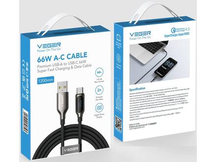 Veger AC1 USB-A naar USB-C kabel 1.2m Braided 66 Watt met display