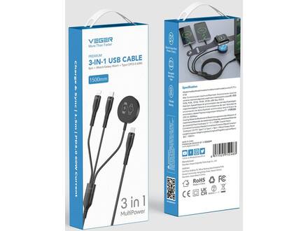 Veger V730 3 in 1 kabel met Magsafe 1.5m Braided 92 Watt