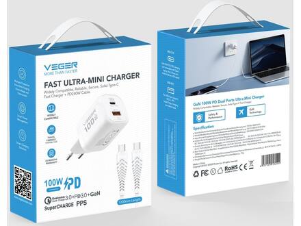 Veger snellader 100 Watt 2x USB Poort + USB-C Kabel 1,5m Nylon Wit