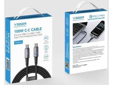 Veger CC1 USB-C naar USB-C kabel 1.5m Braided Aluminium 100 Watt