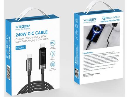 Veger DC120 USB-C naar USB-C kabel 1.5m Braided Aluminium 240 Watt met display