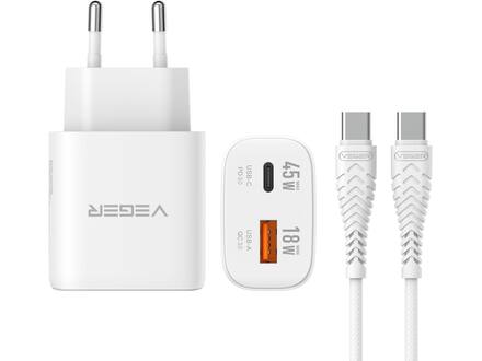Veger snellader 45 Watt 2x USB Poort + USB-C Kabel 1,5m Nylon Wit