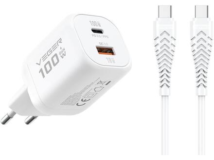 Veger snellader 100 Watt 2x USB Poort + USB-C Kabel 1,5m Nylon Wit